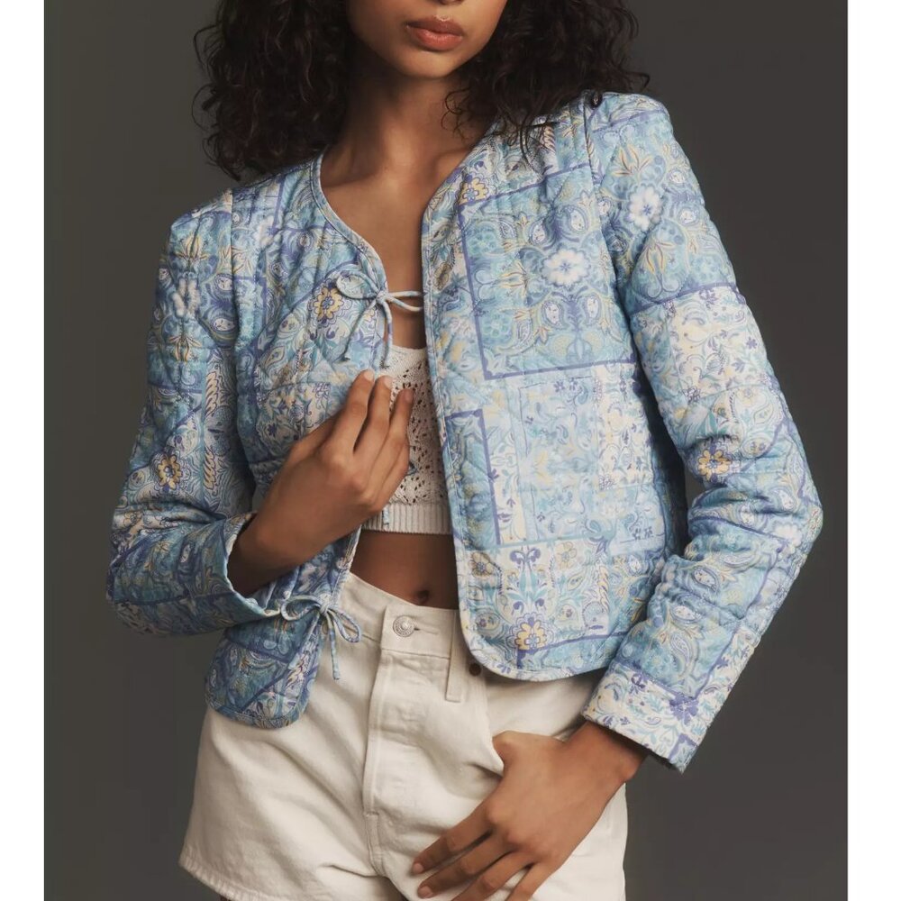 Anthropologie Dolan Left Coast Bow-Front Quilted Lady Jacket Blue Floral XS